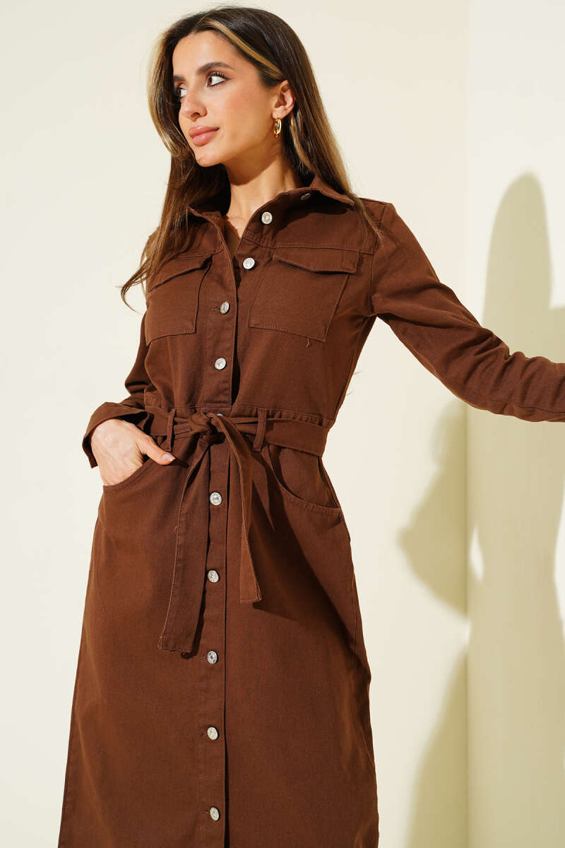 Belted Gabardine Midi Dress with Metal Buttons - Brown