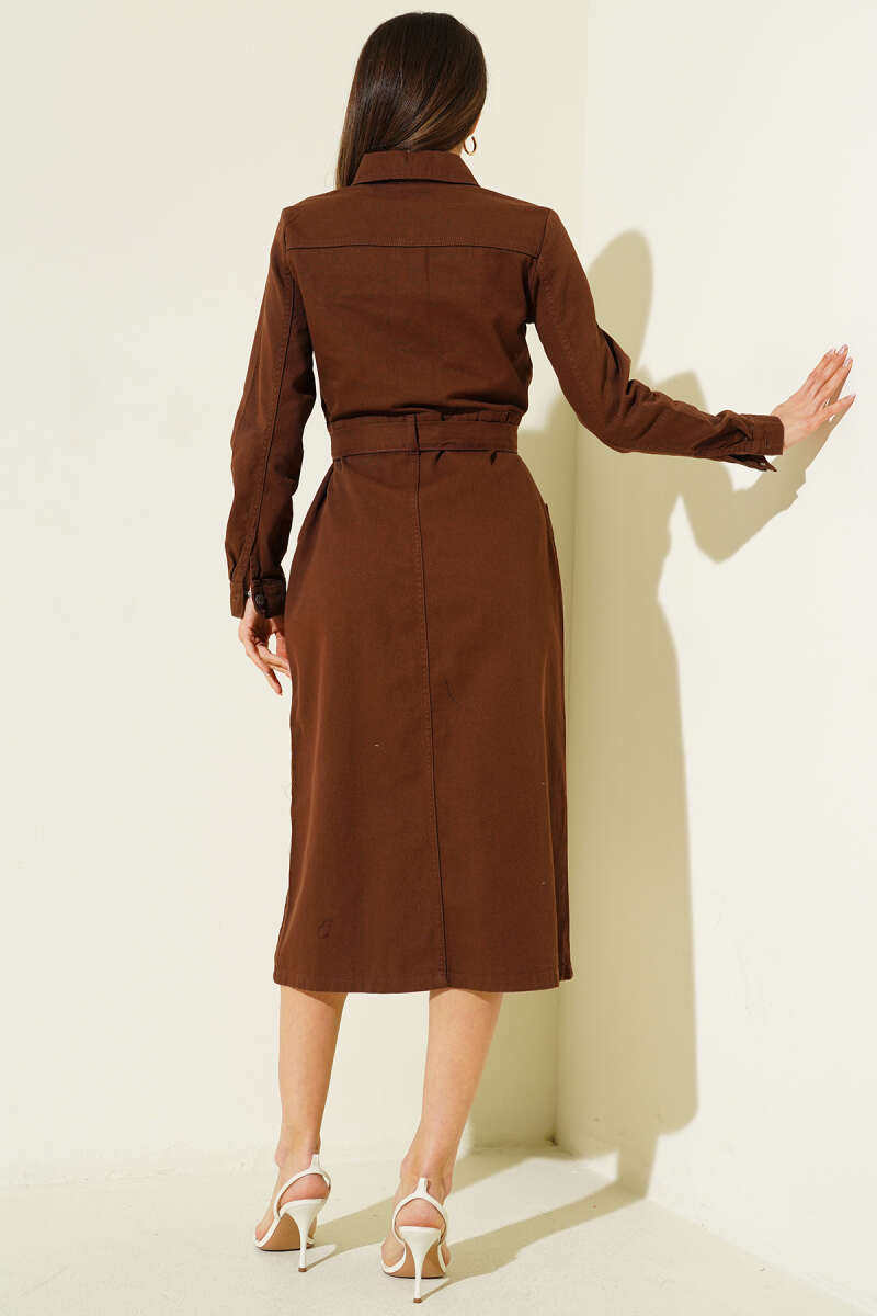 Belted Gabardine Midi Dress with Metal Buttons - Brown