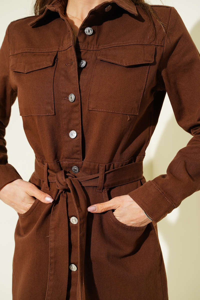 Belted Gabardine Midi Dress with Metal Buttons - Brown