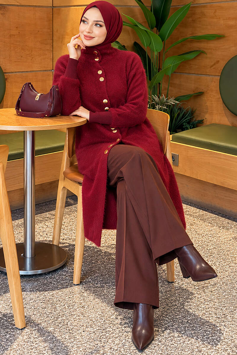 Brushed Cardigan with Metal Buttons - Burgundy