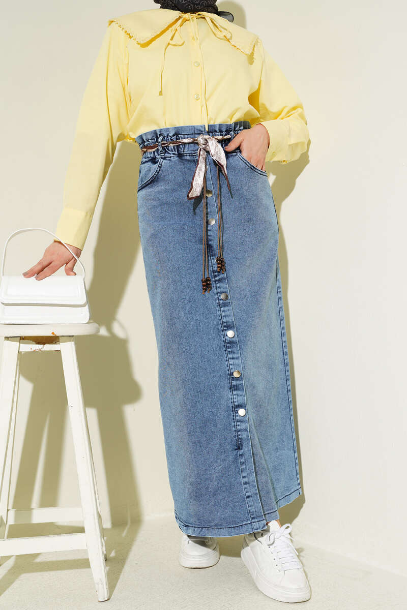 Denim Skirt with Scarf Belt and Metal Buttons - Light Blue