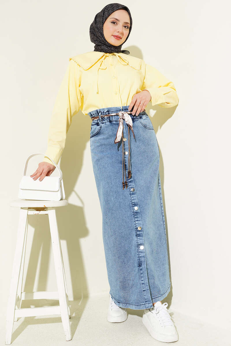 Denim Skirt with Scarf Belt and Metal Buttons - Light Blue