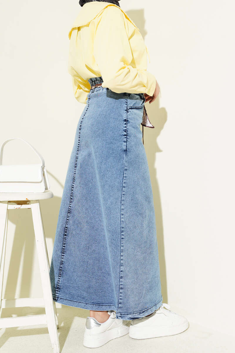 Denim Skirt with Scarf Belt and Metal Buttons - Light Blue