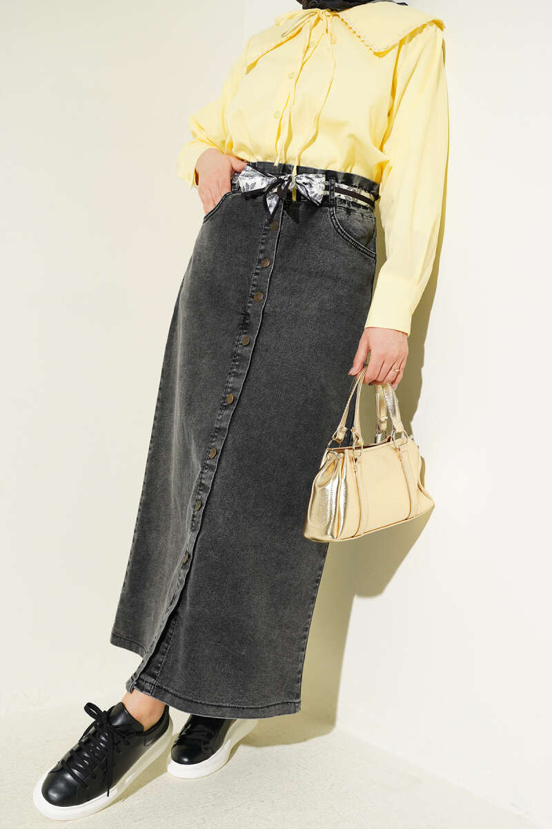 Denim Skirt with Scarf Belt and Metal Buttons - Smoke Grey