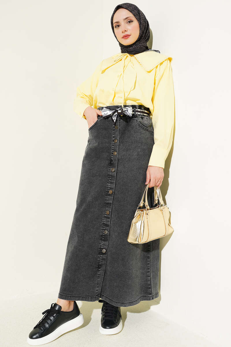 Denim Skirt with Scarf Belt and Metal Buttons - Smoke Grey