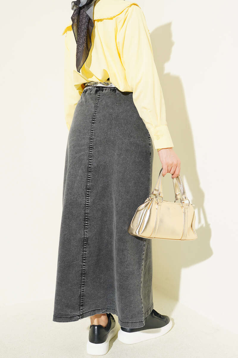 Denim Skirt with Scarf Belt and Metal Buttons - Smoke Grey