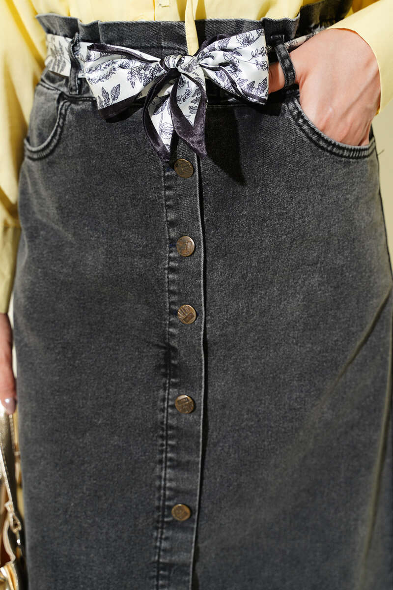 Denim Skirt with Scarf Belt and Metal Buttons - Smoke Grey