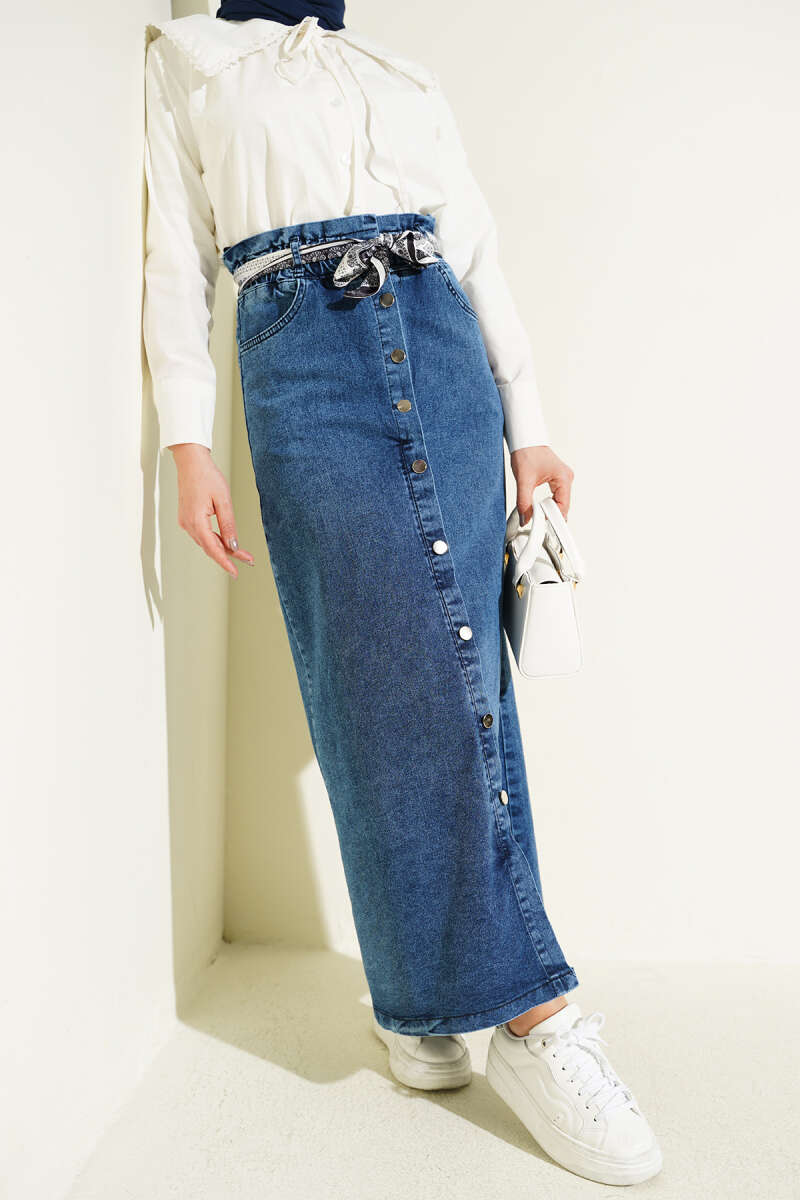 Denim Skirt with Scarf Belt and Metal Buttons - Denim Blue