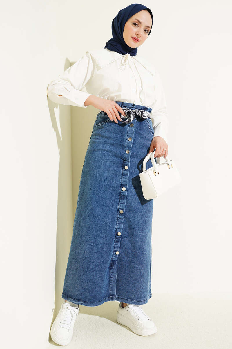 Denim Skirt with Scarf Belt and Metal Buttons - Denim Blue