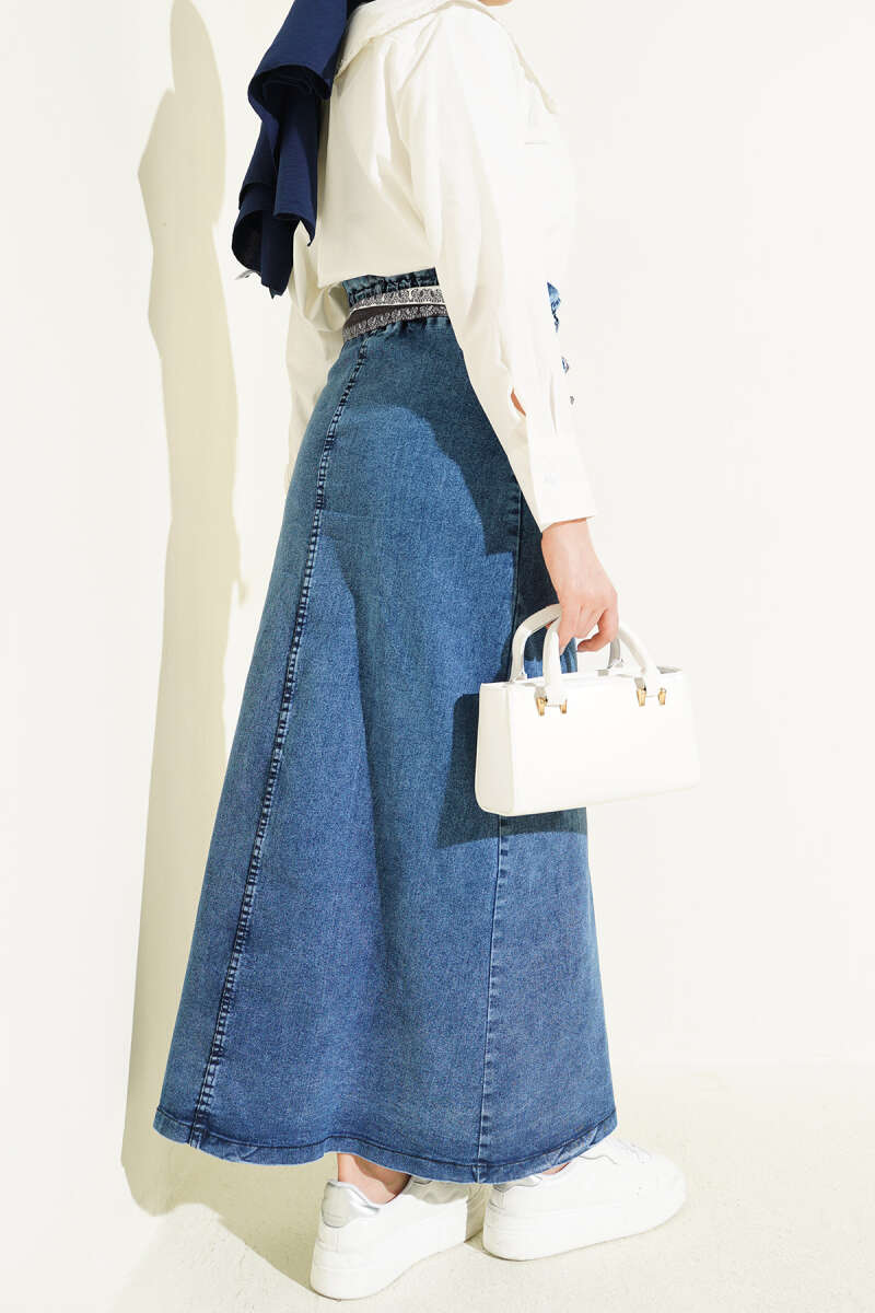 Denim Skirt with Scarf Belt and Metal Buttons - Denim Blue