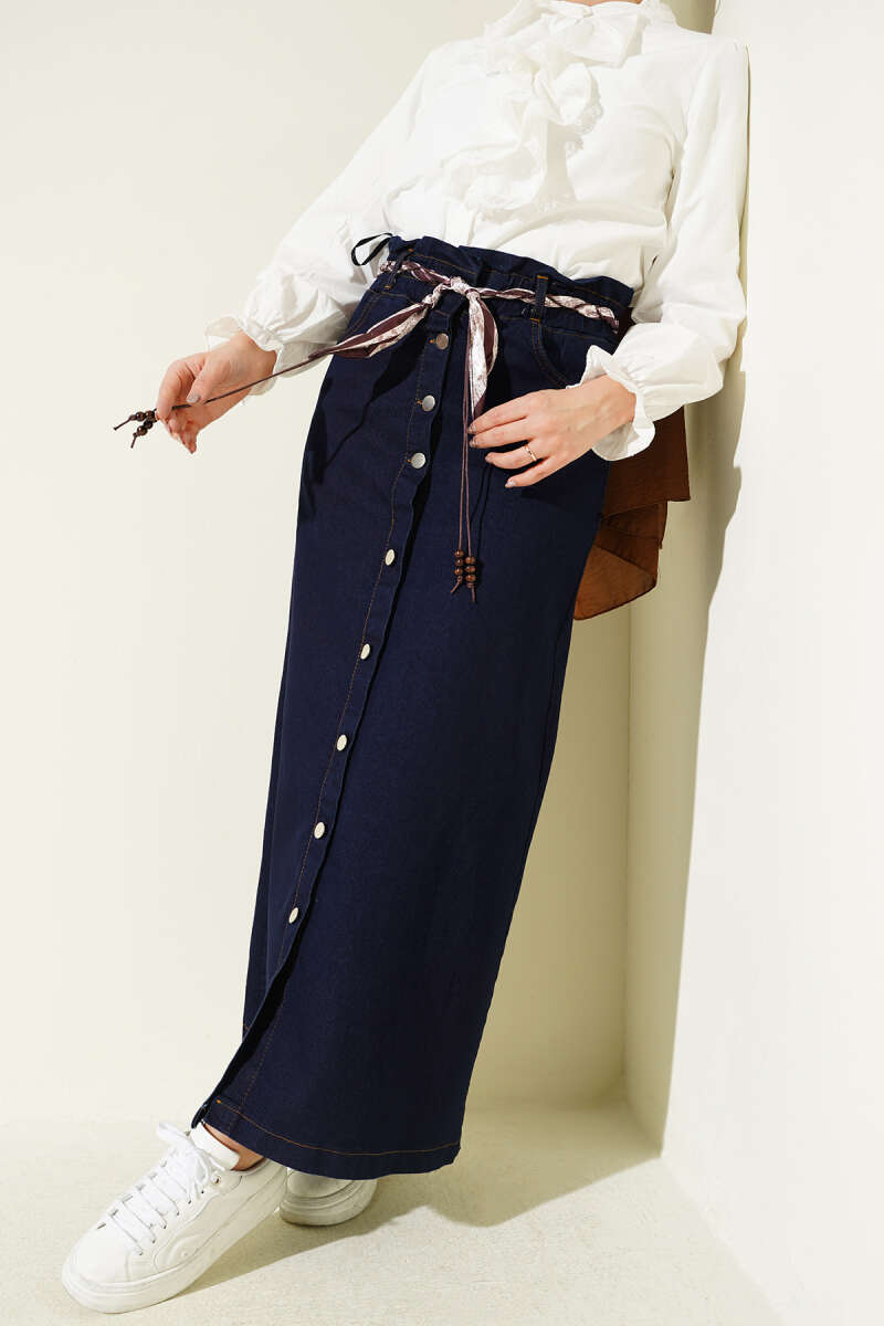 Denim Skirt with Scarf Belt and Metal Buttons - Navy