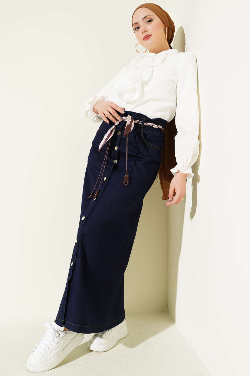 Denim Skirt with Scarf Belt and Metal Buttons - Navy