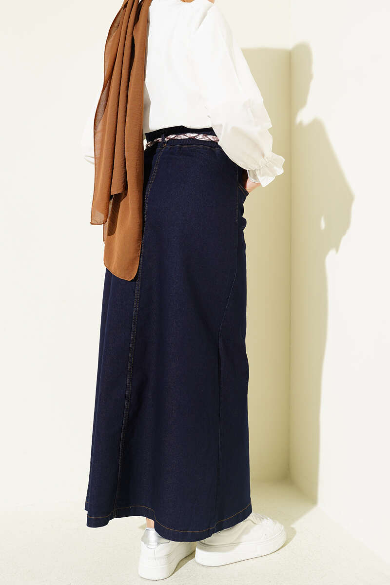 Denim Skirt with Scarf Belt and Metal Buttons - Navy