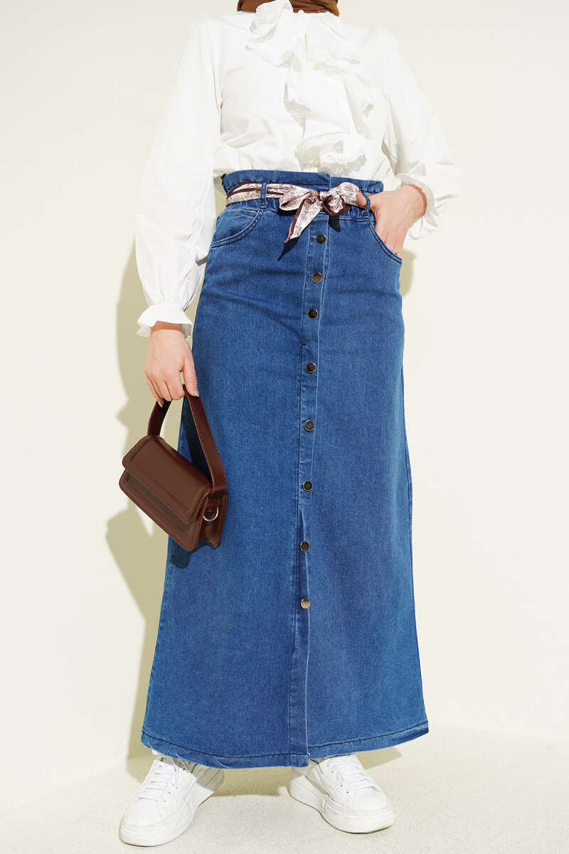 Denim Skirt with Scarf Belt and Metal Buttons - Blue