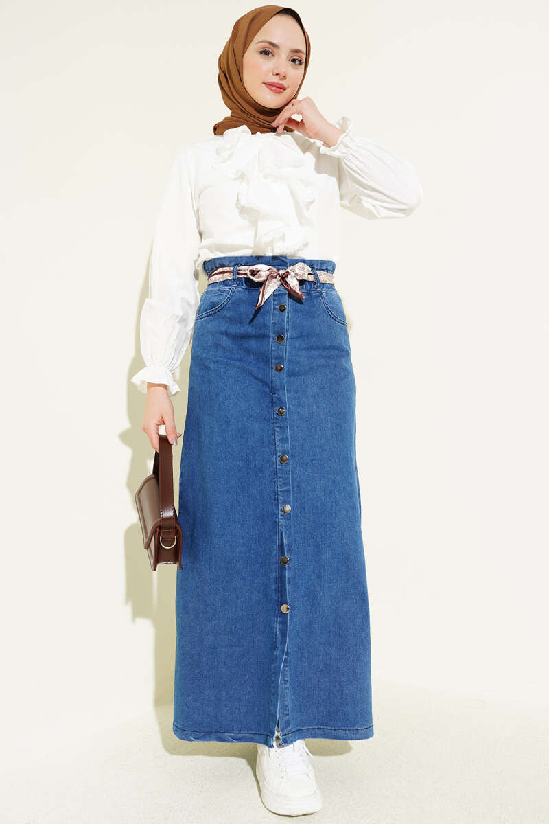 Denim Skirt with Scarf Belt and Metal Buttons - Blue