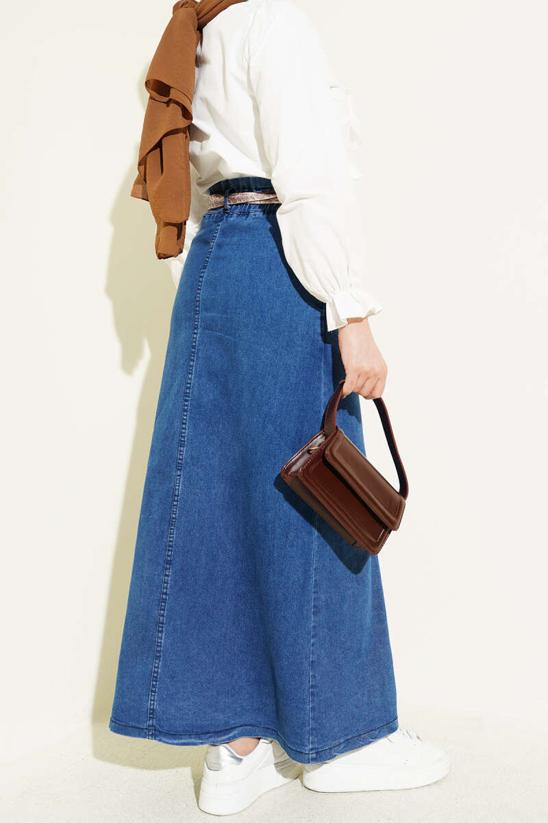 Denim Skirt with Scarf Belt and Metal Buttons - Blue