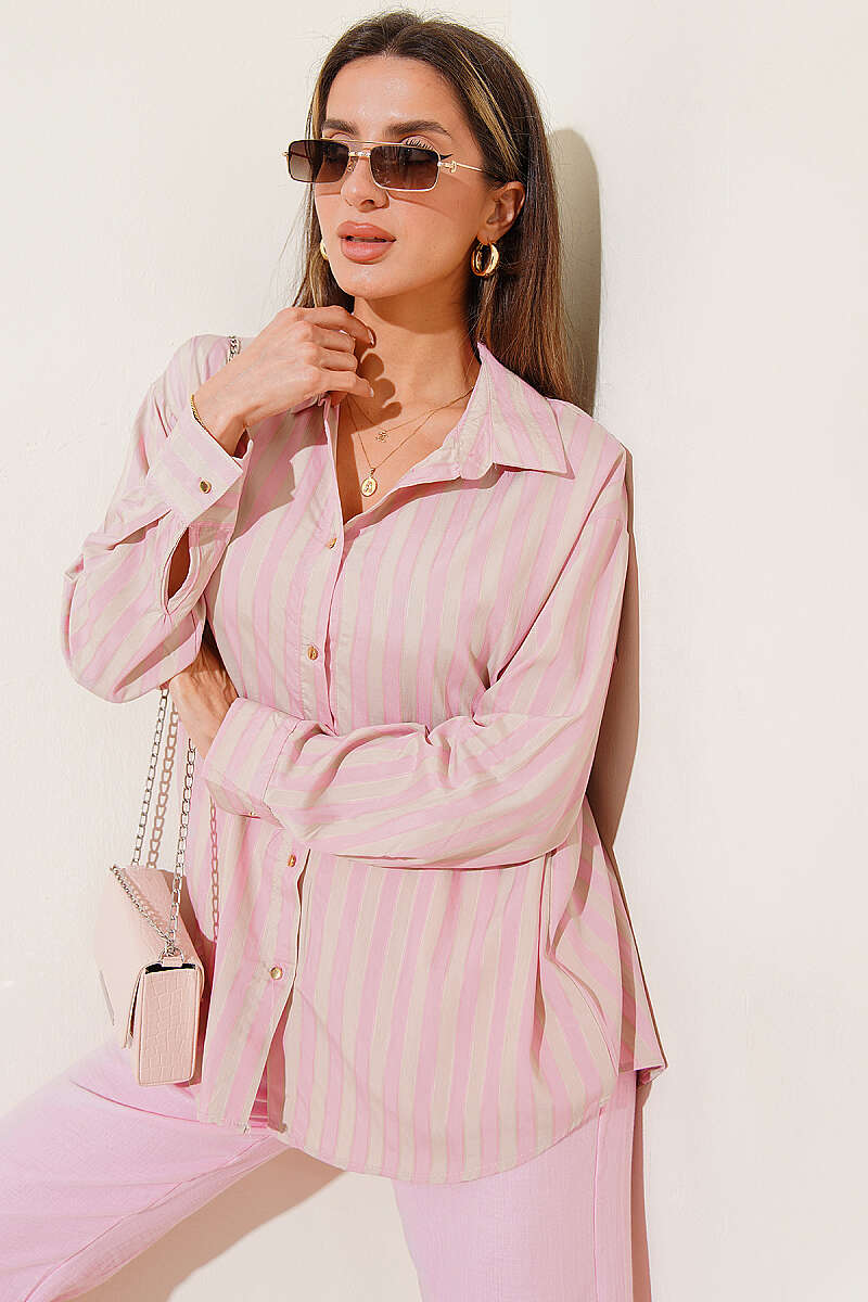 Loose Striped Shirt with Metal Buttons - Powder