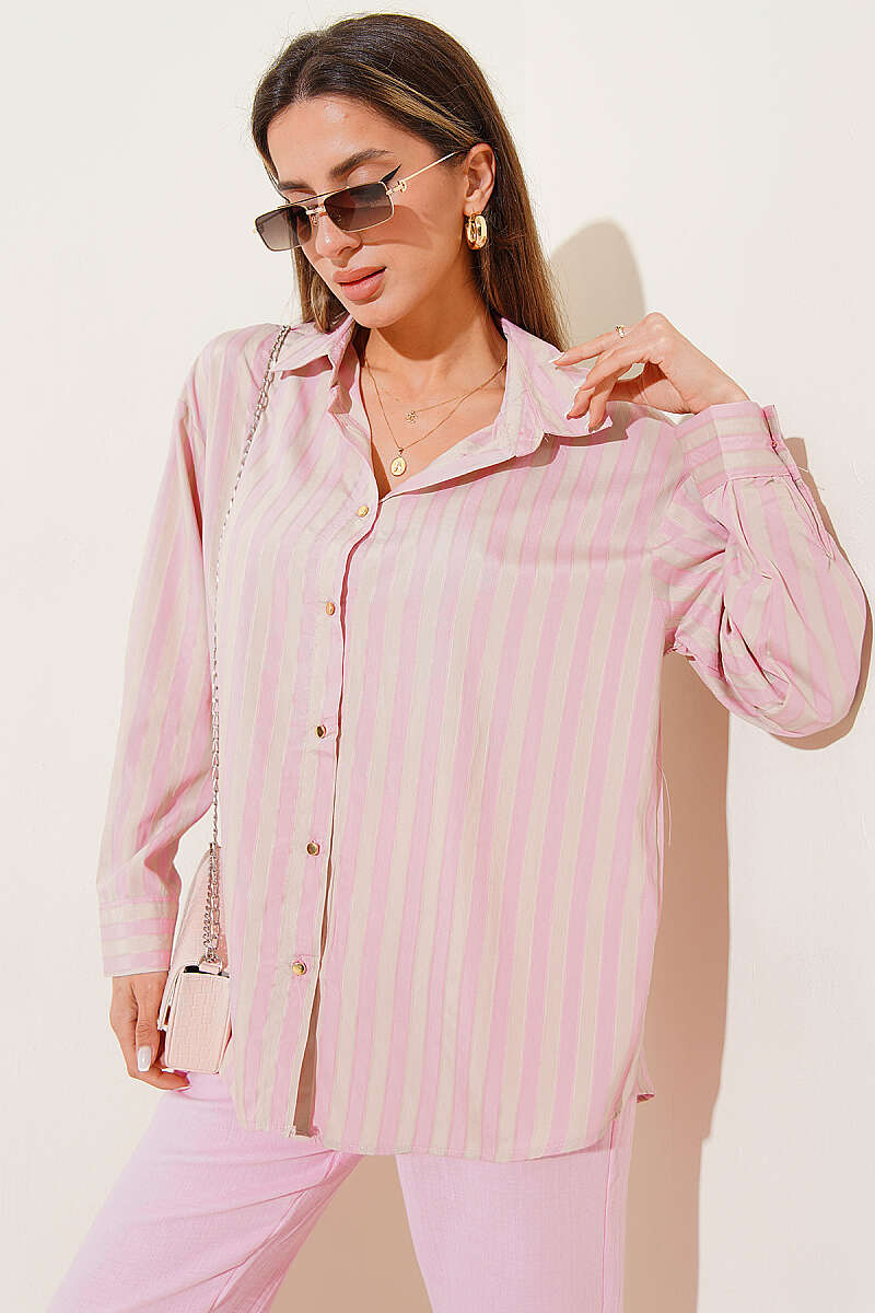 Loose Striped Shirt with Metal Buttons - Powder