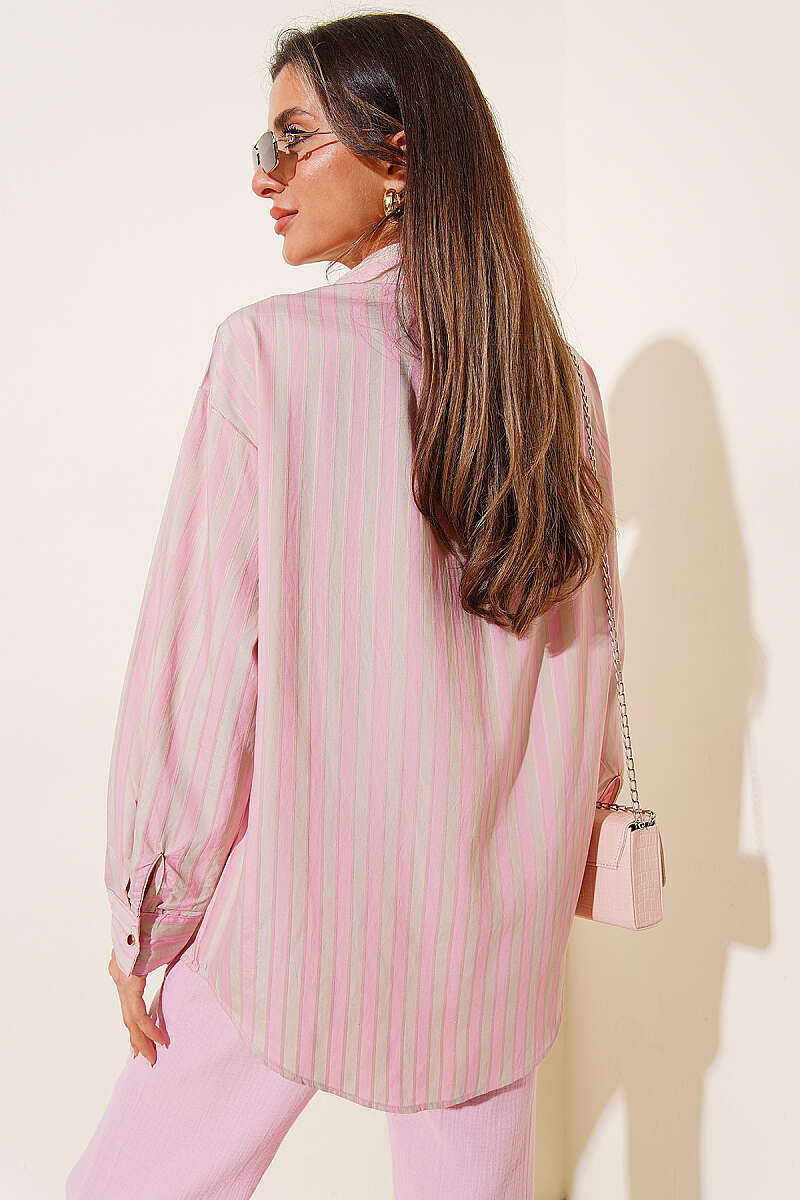 Loose Striped Shirt with Metal Buttons - Powder
