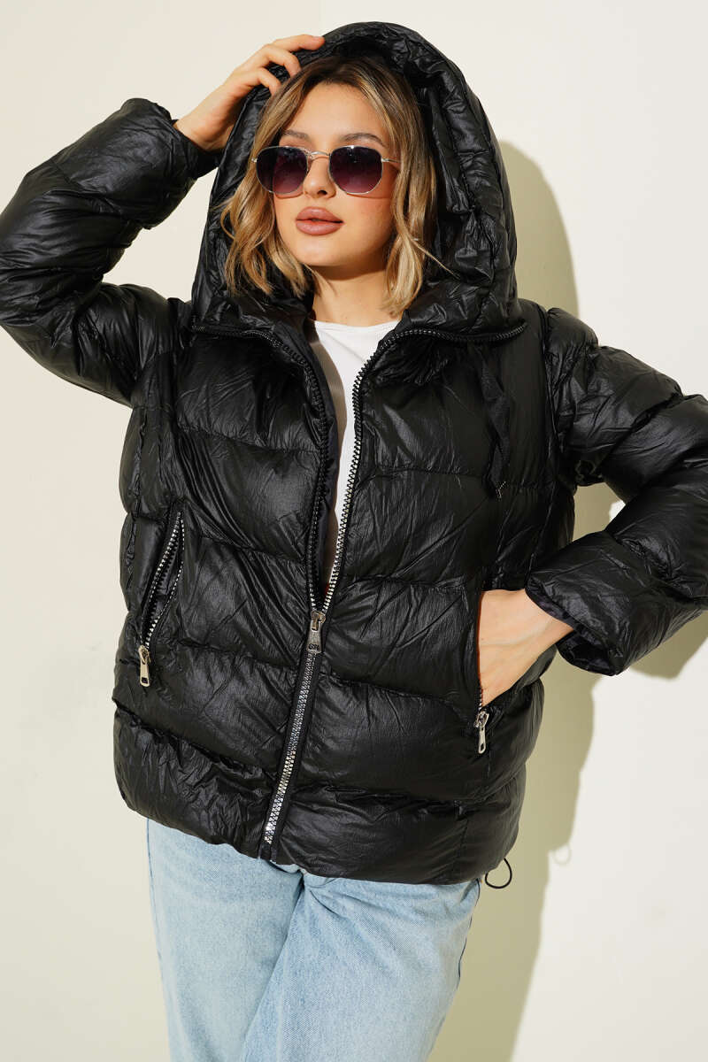 Puffer Coat with Metal Zip - Black