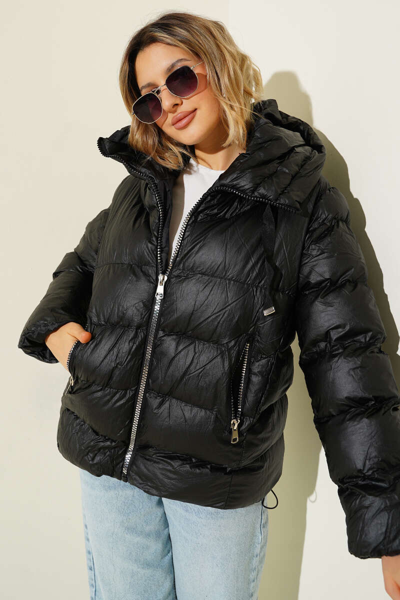 Puffer Coat with Metal Zip - Black