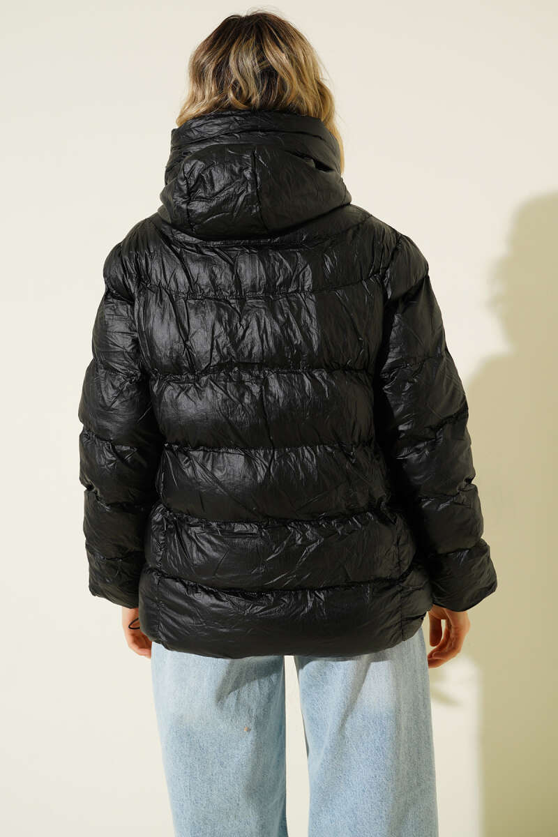 Puffer Coat with Metal Zip - Black