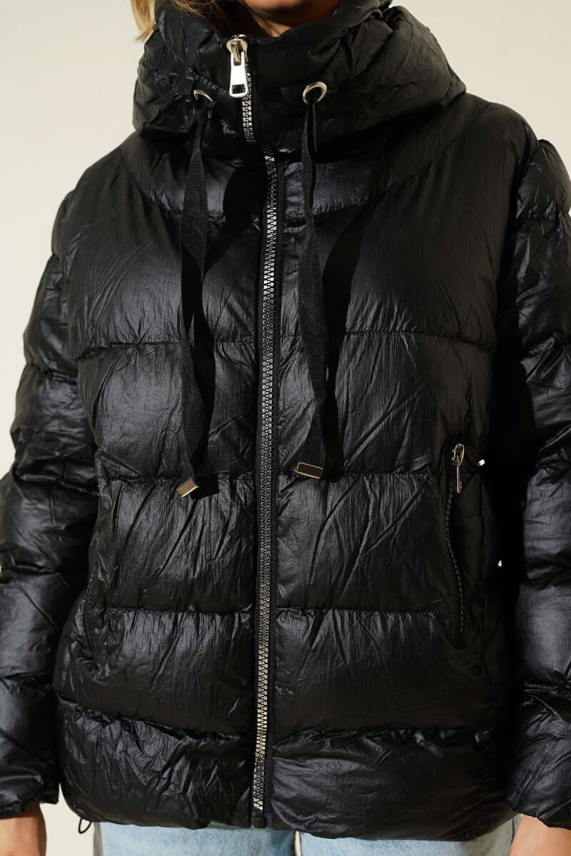 Puffer Coat with Metal Zip - Black