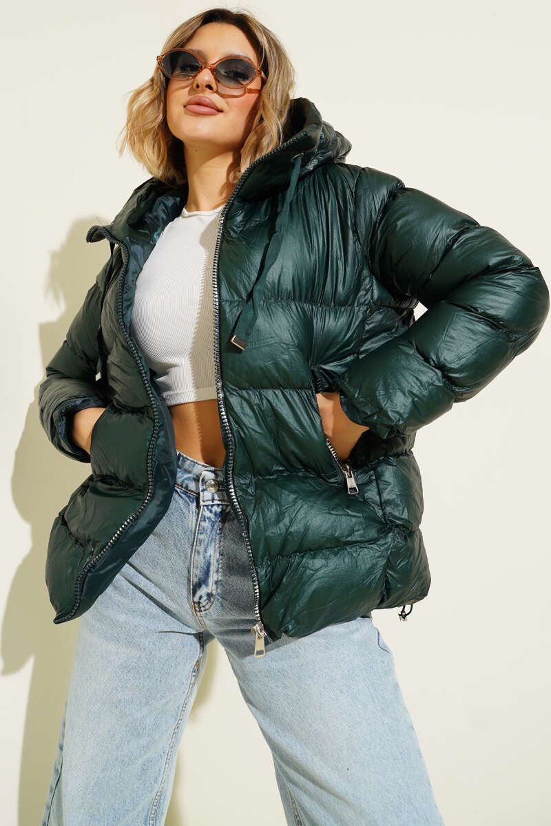 Puffer Coat with Metal Zip - Emerald