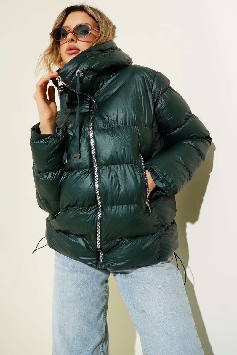 Puffer Coat with Metal Zip - Emerald