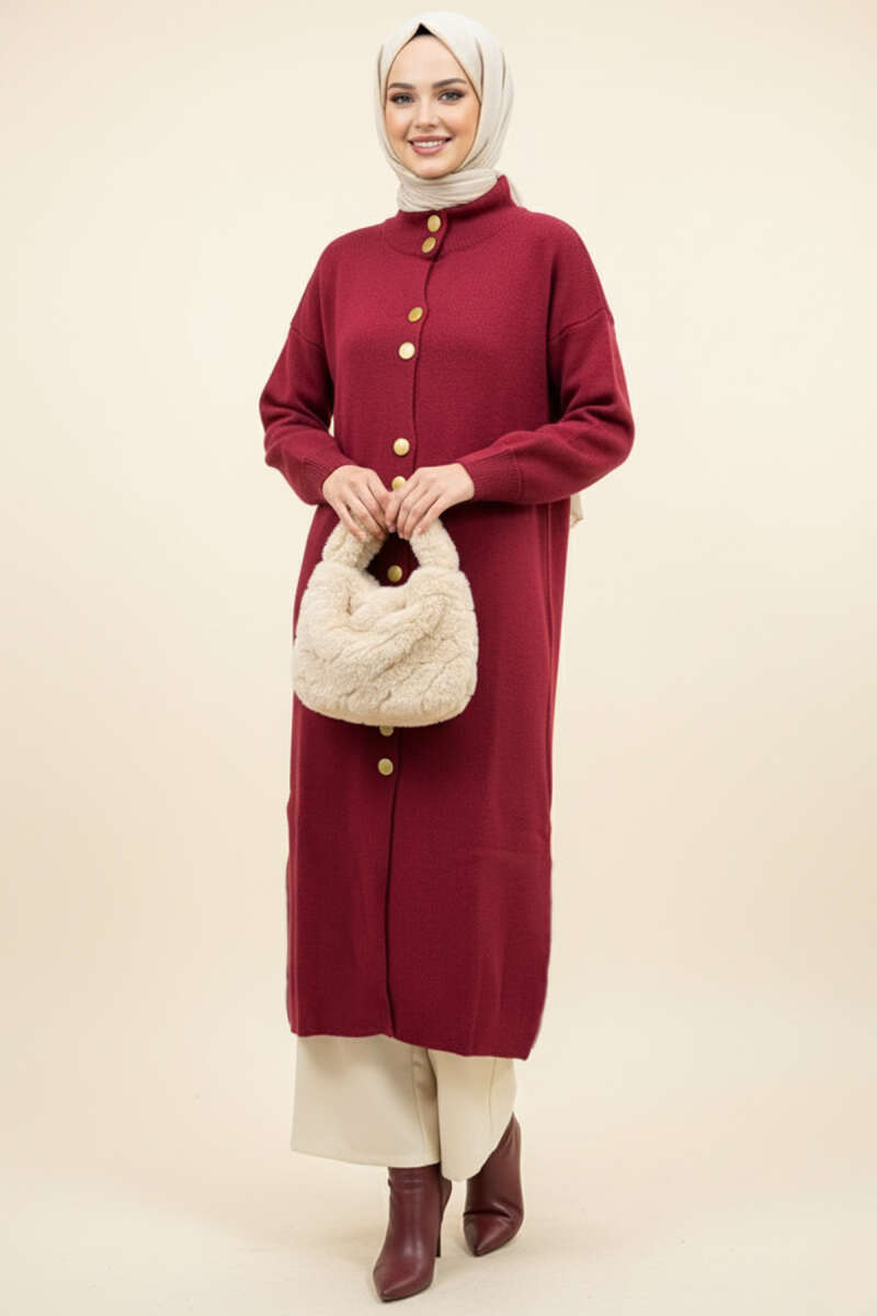 Long Knit Cardigan with Metal Gold Buttons - Burgundy