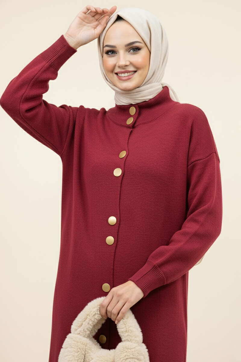 Long Knit Cardigan with Metal Gold Buttons - Burgundy