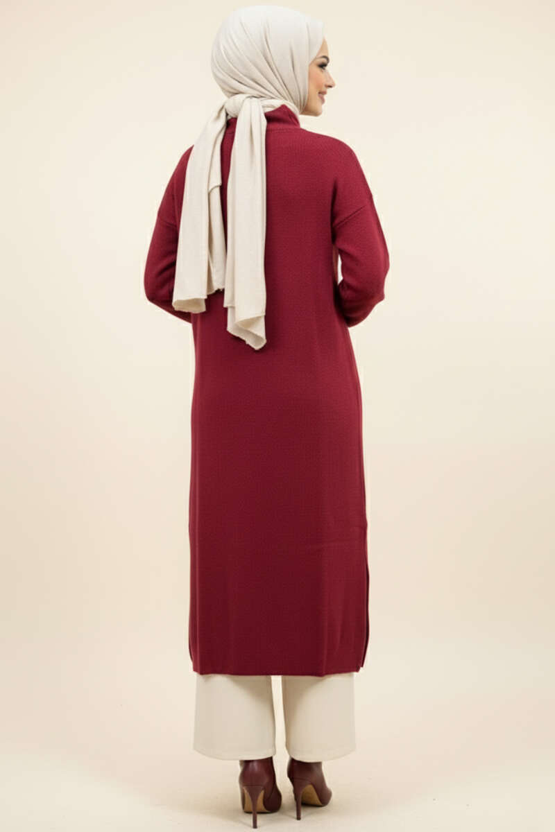 Long Knit Cardigan with Metal Gold Buttons - Burgundy