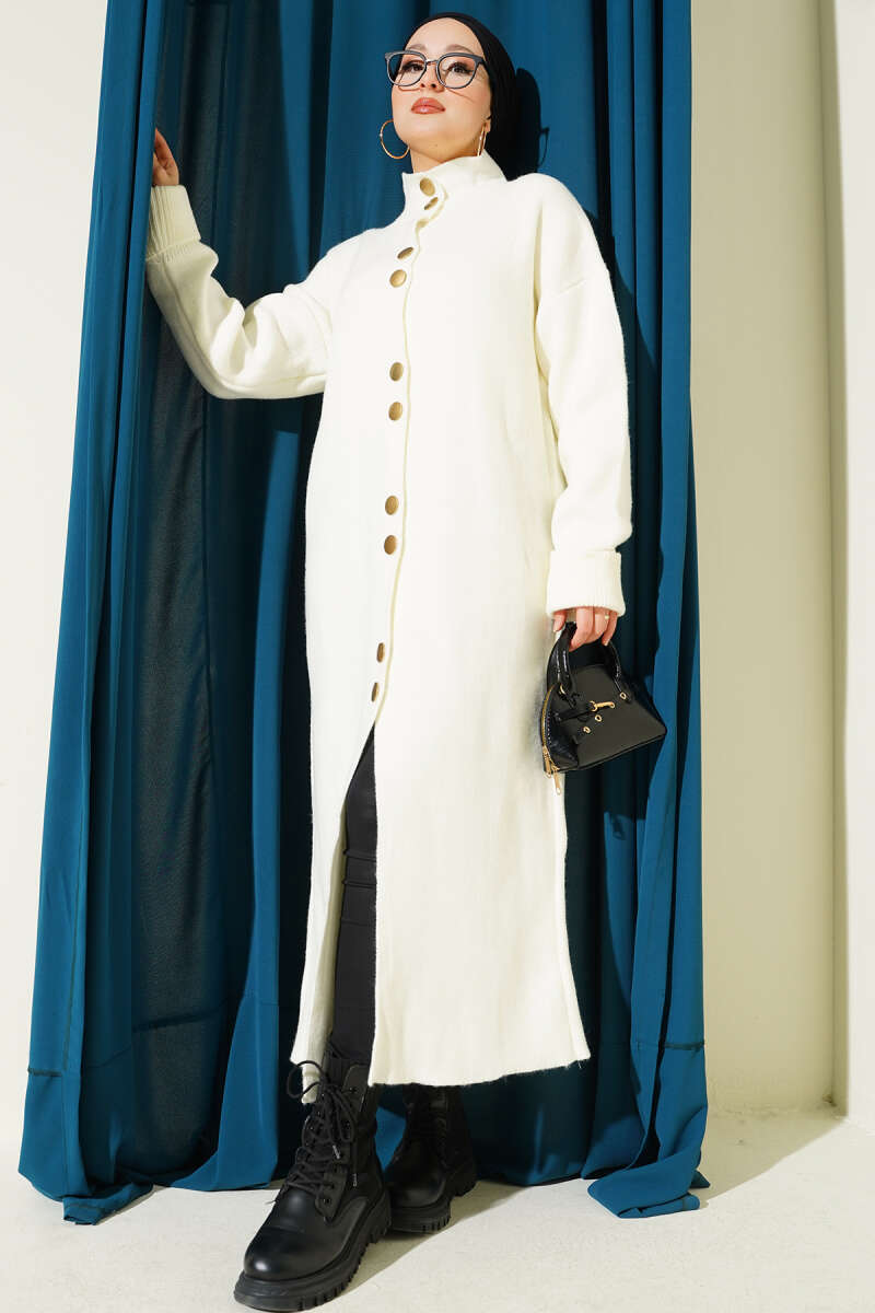 Long Knit Cardigan with Metal Gold Buttons - Ecru