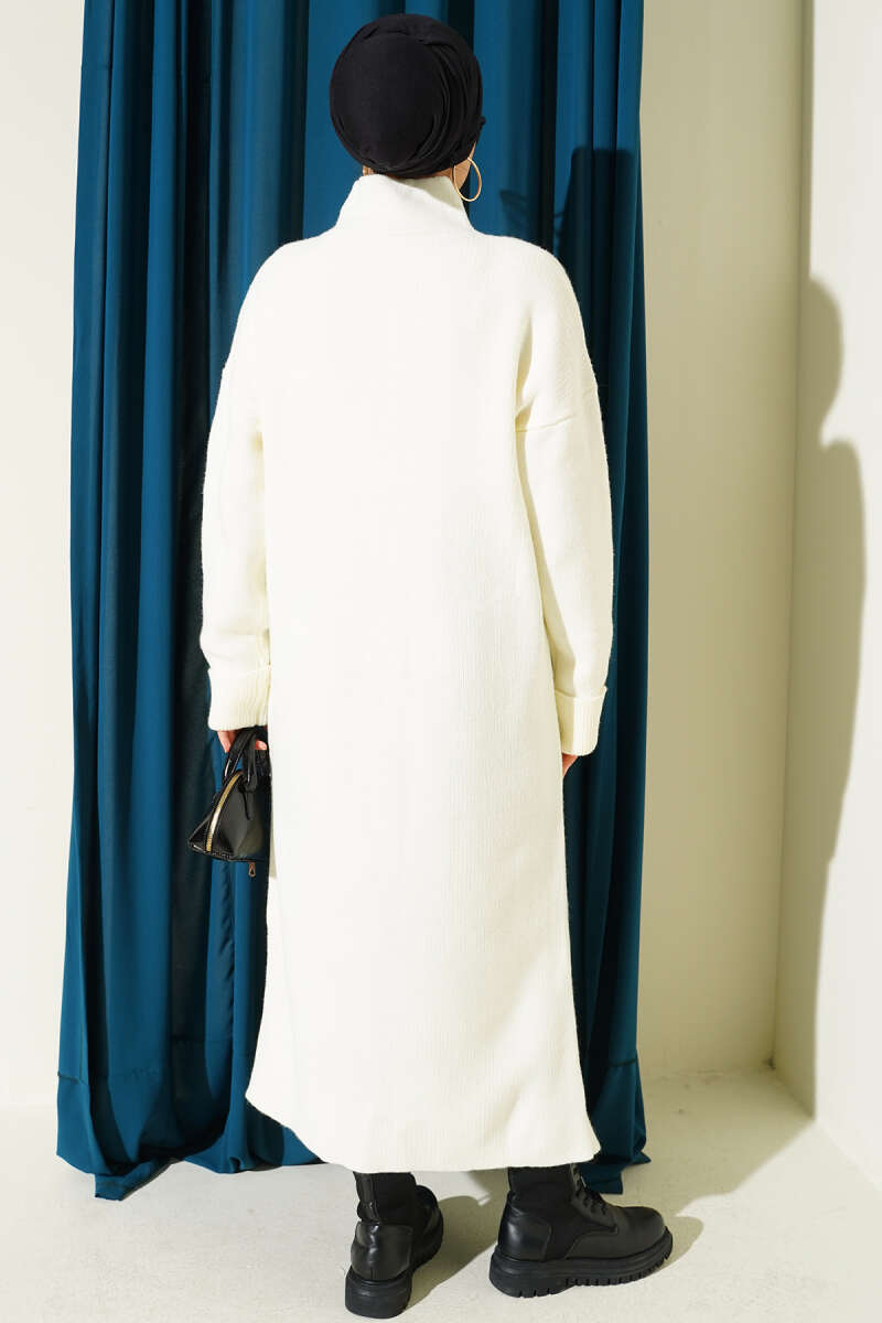 Long Knit Cardigan with Metal Gold Buttons - Ecru