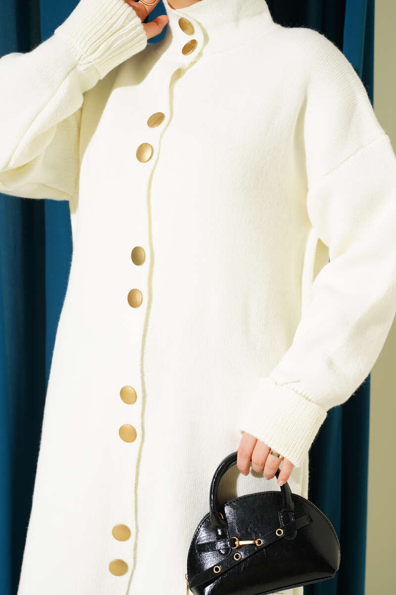 Long Knit Cardigan with Metal Gold Buttons - Ecru