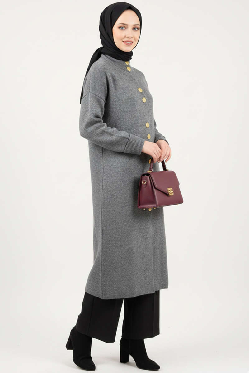 Long Knit Cardigan with Metal Gold Buttons - Smoke Grey