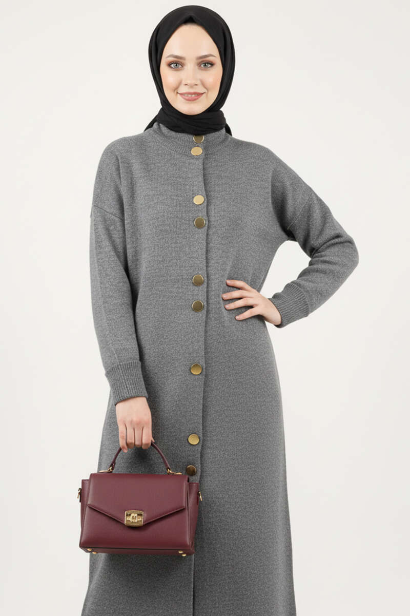 Long Knit Cardigan with Metal Gold Buttons - Smoke Grey