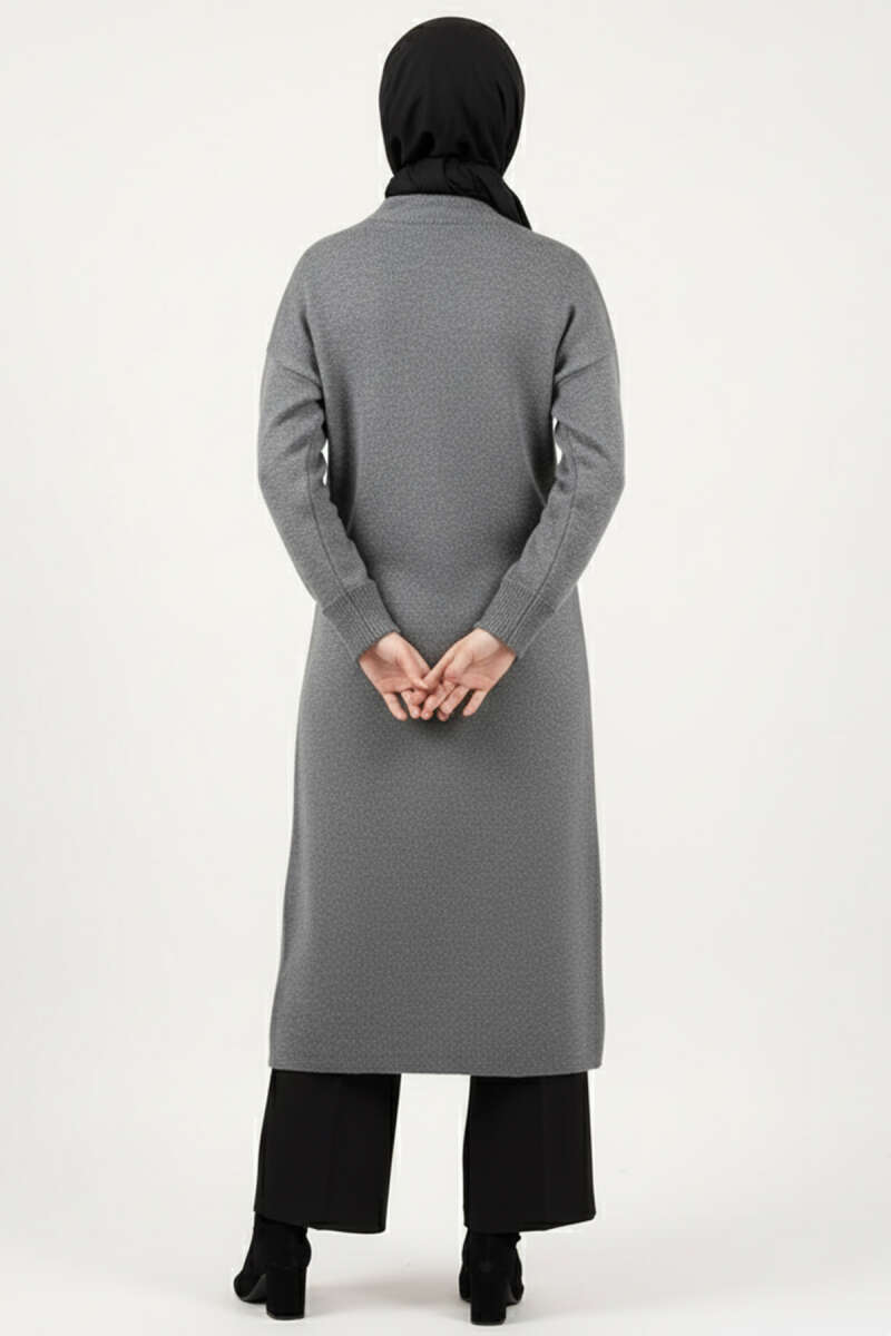 Long Knit Cardigan with Metal Gold Buttons - Smoke Grey