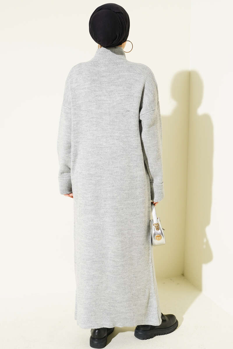 Long Knit Cardigan with Metal Gold Buttons - Grey