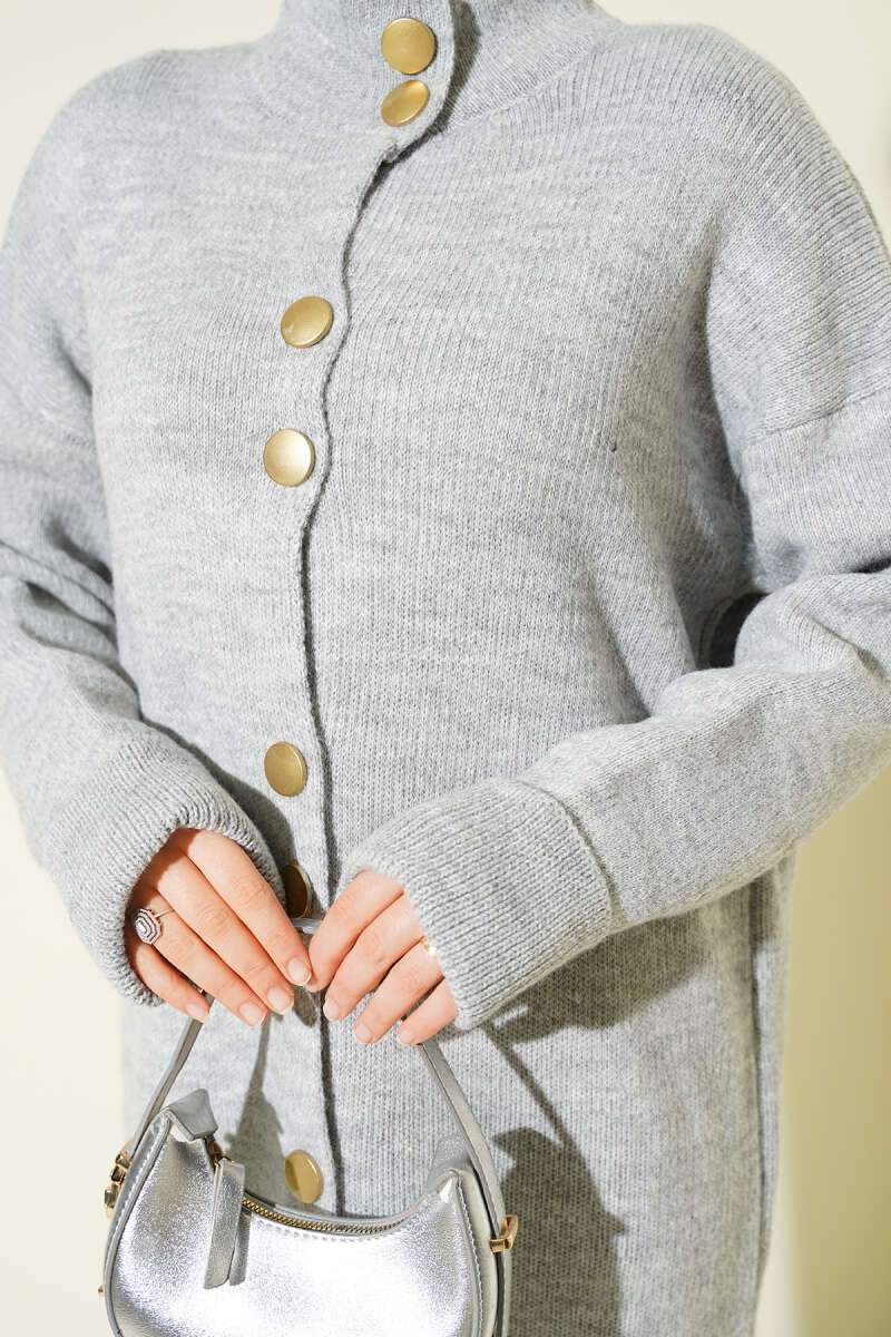 Long Knit Cardigan with Metal Gold Buttons - Grey