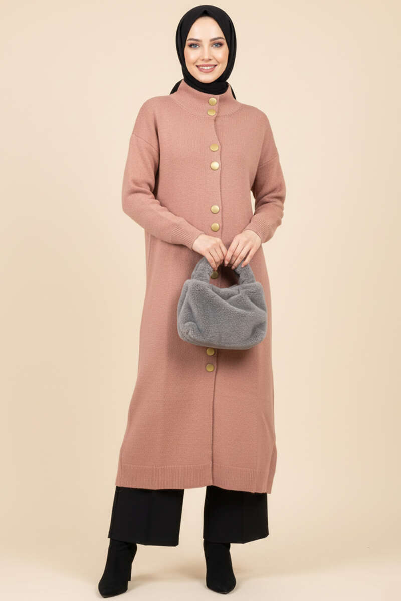 Long Knit Cardigan with Metal Gold Buttons - Dusty Rose
