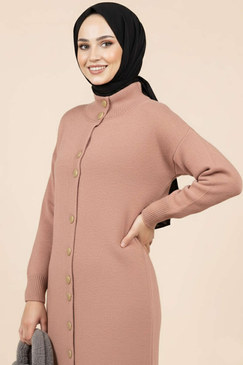 Long Knit Cardigan with Metal Gold Buttons - Dusty Rose