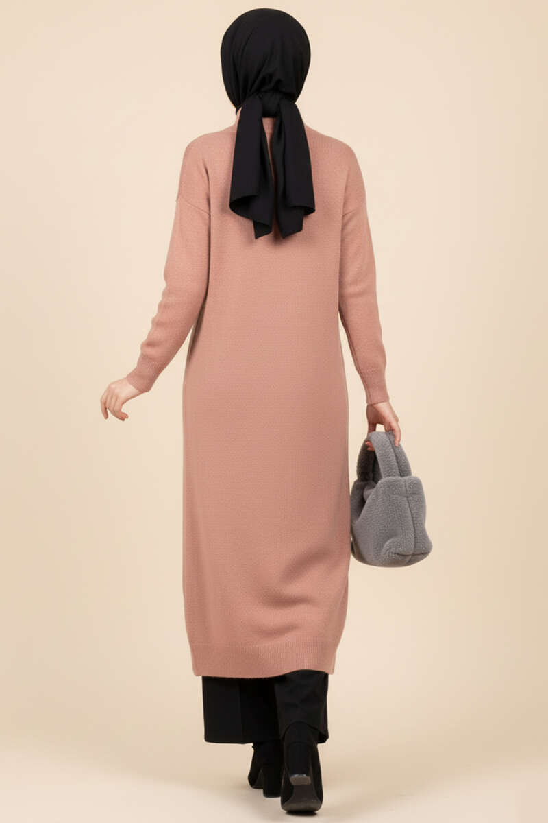Long Knit Cardigan with Metal Gold Buttons - Dusty Rose