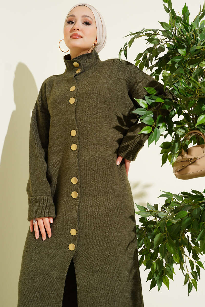Long Knit Cardigan with Metal Gold Buttons - Khaki