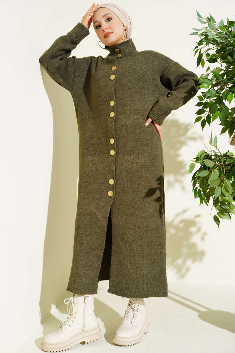 Long Knit Cardigan with Metal Gold Buttons - Khaki