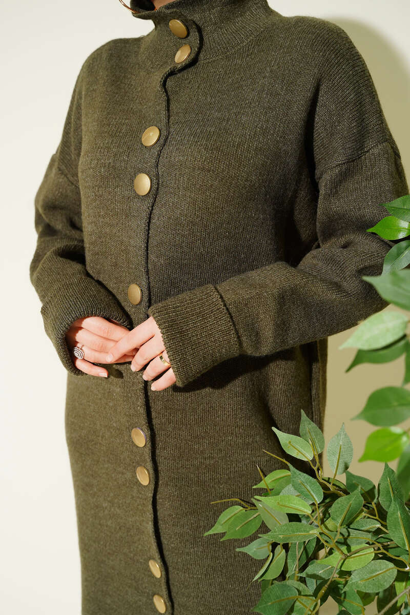 Long Knit Cardigan with Metal Gold Buttons - Khaki