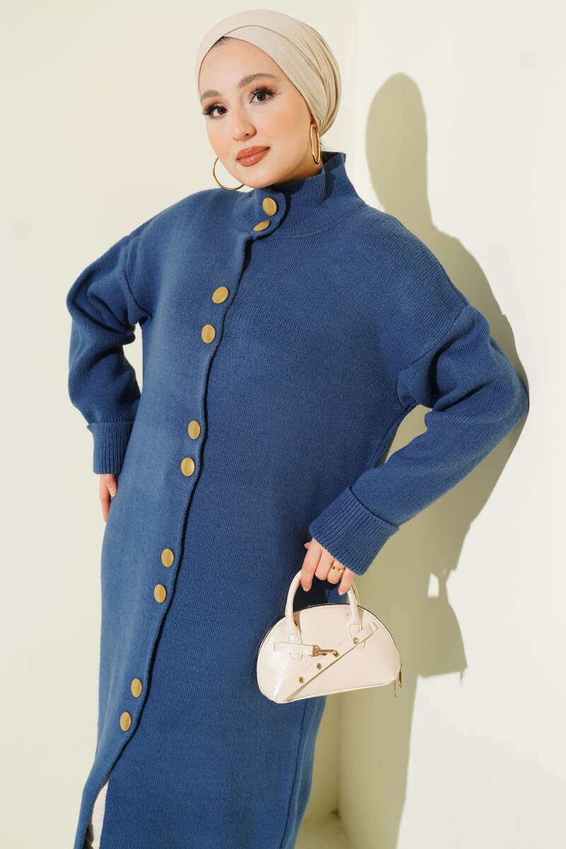 Long Knit Cardigan with Metal Gold Buttons - Indigo