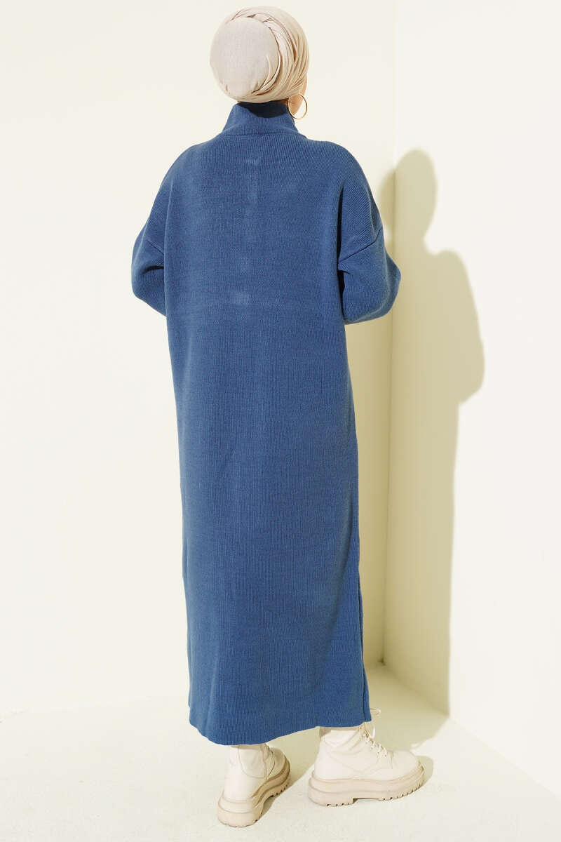 Long Knit Cardigan with Metal Gold Buttons - Indigo