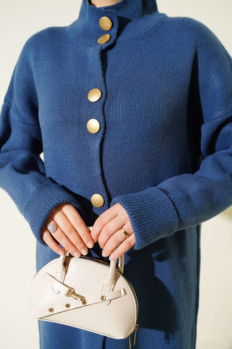 Long Knit Cardigan with Metal Gold Buttons - Indigo