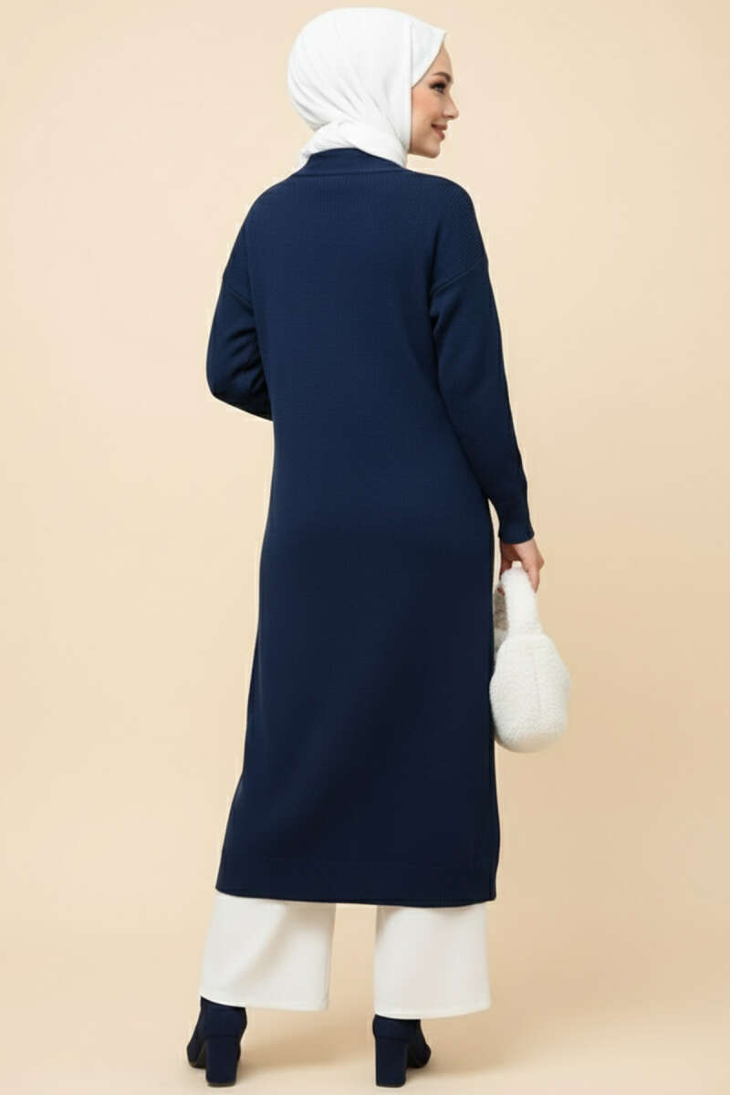 Long Knit Cardigan with Metal Gold Buttons - Navy